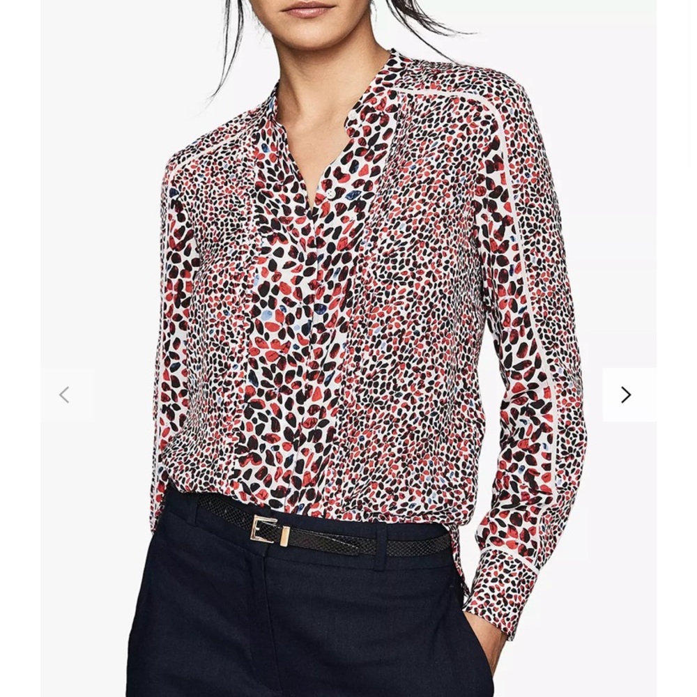 REISS LONDON OTTILIE FLORAL RED AND WHITE PRINTED LONG SLEEVED BLOUSE US4